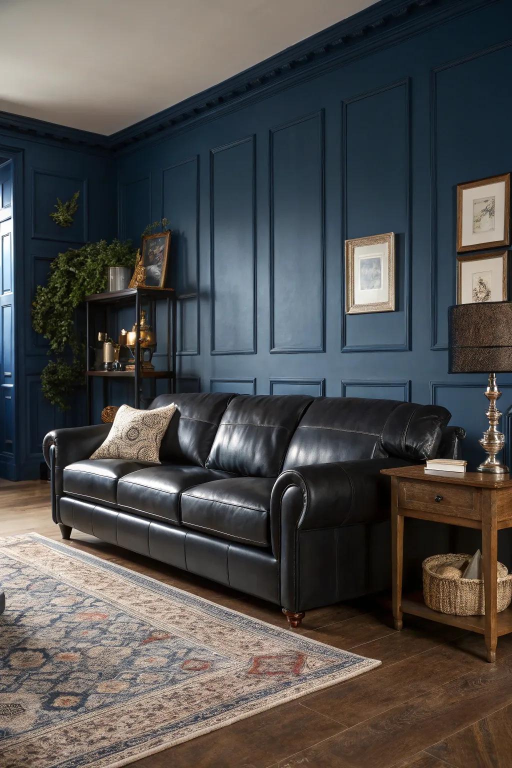 A dark leather couch presents a striking juxtaposition against deep blue walls.