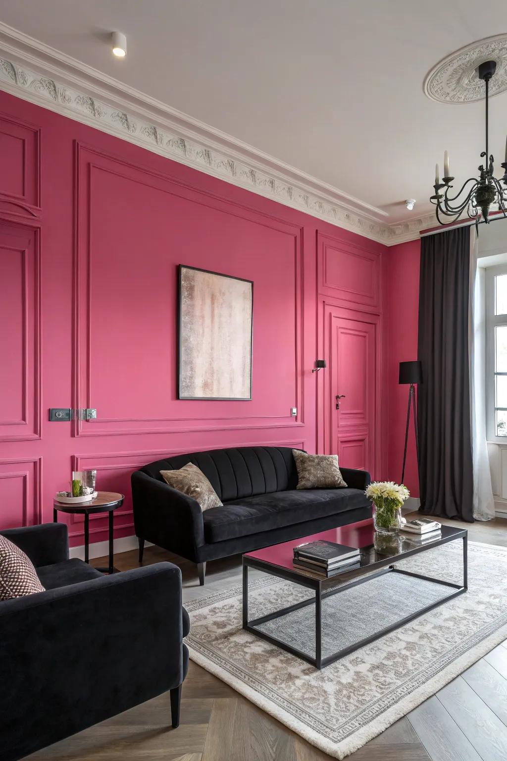 A rose highlight wall provides a focal point that elevates the room's overall design.