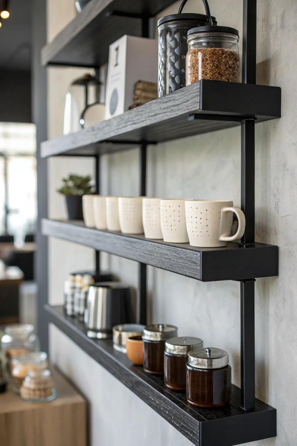 Sleek dark elevated shelves showcasing coffee must-haves