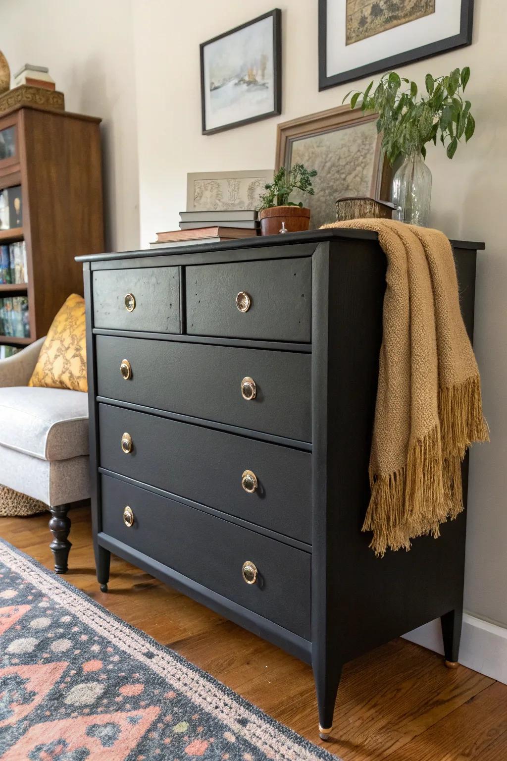 A vintage chest revitalized using dark paint and contemporary hardware.