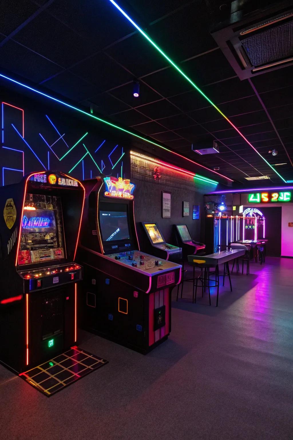 LED and neon lights introduce a vibrant, futuristic element to the game room.
