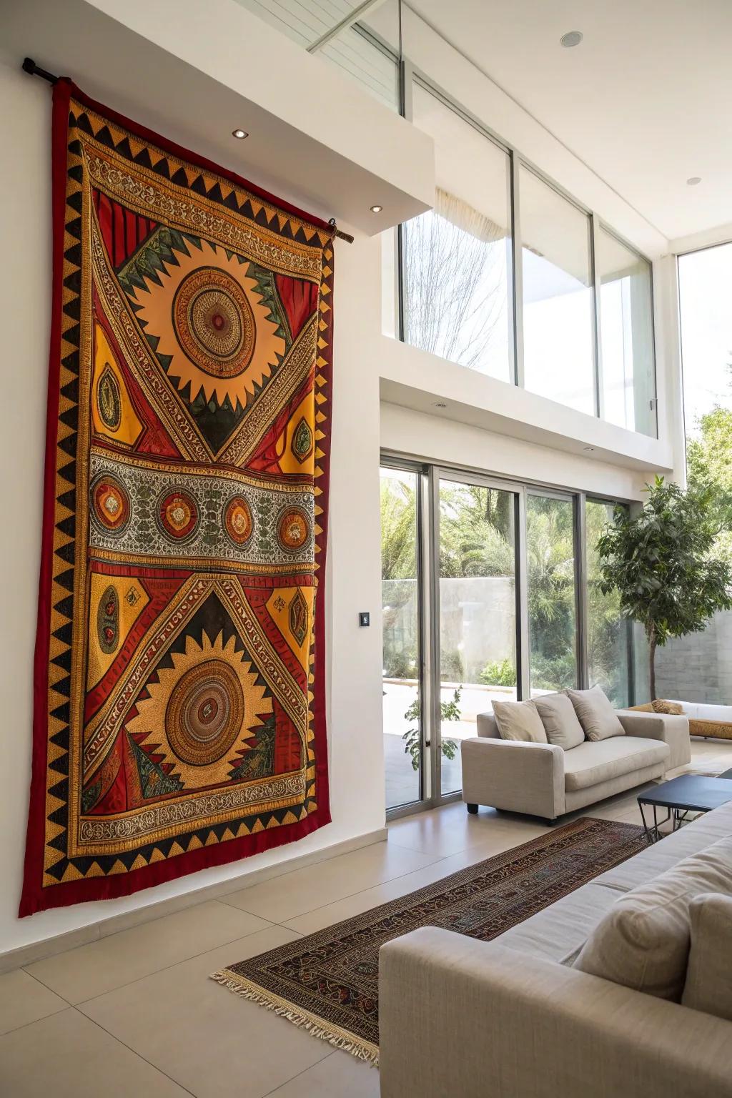 A wall hanging with dynamic African patterns enhances cultural richness.