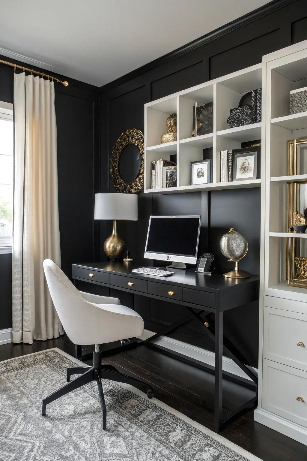 A black office setting enhanced through the inclusion of white and shiny metallic elements.