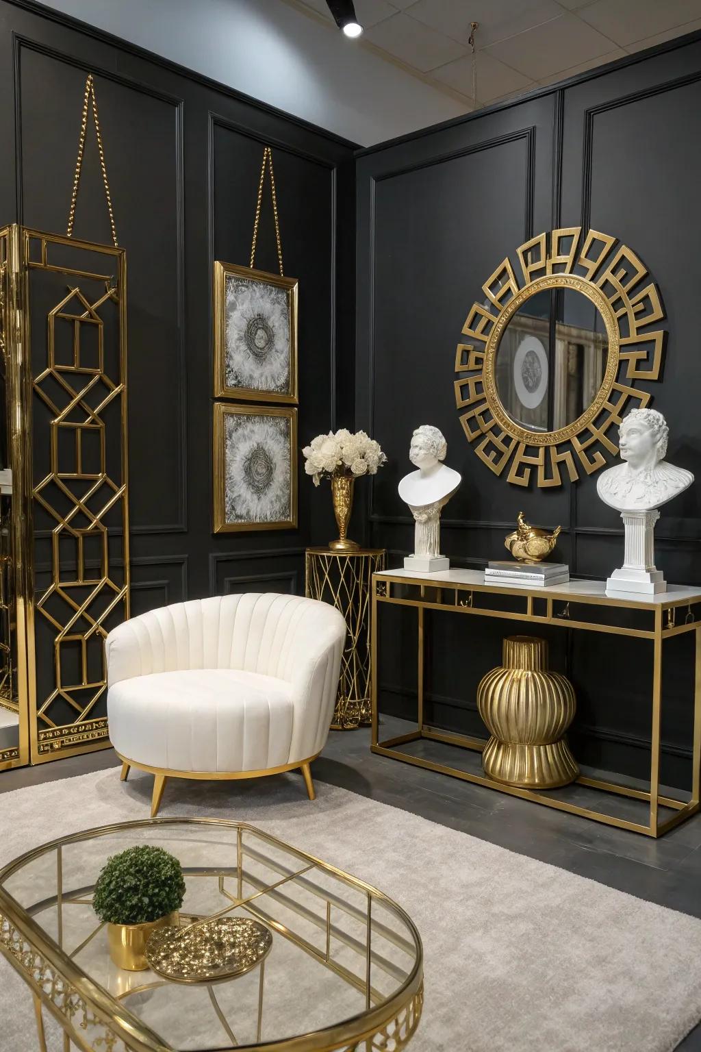 Dark area featuring gilt and alabaster highlights crafting a striking contrast.