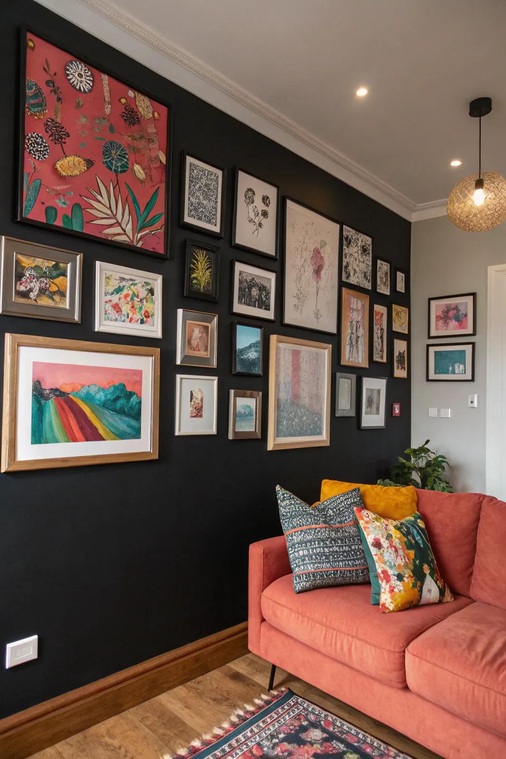 A black wall elegantly decorated with colorful artworks.