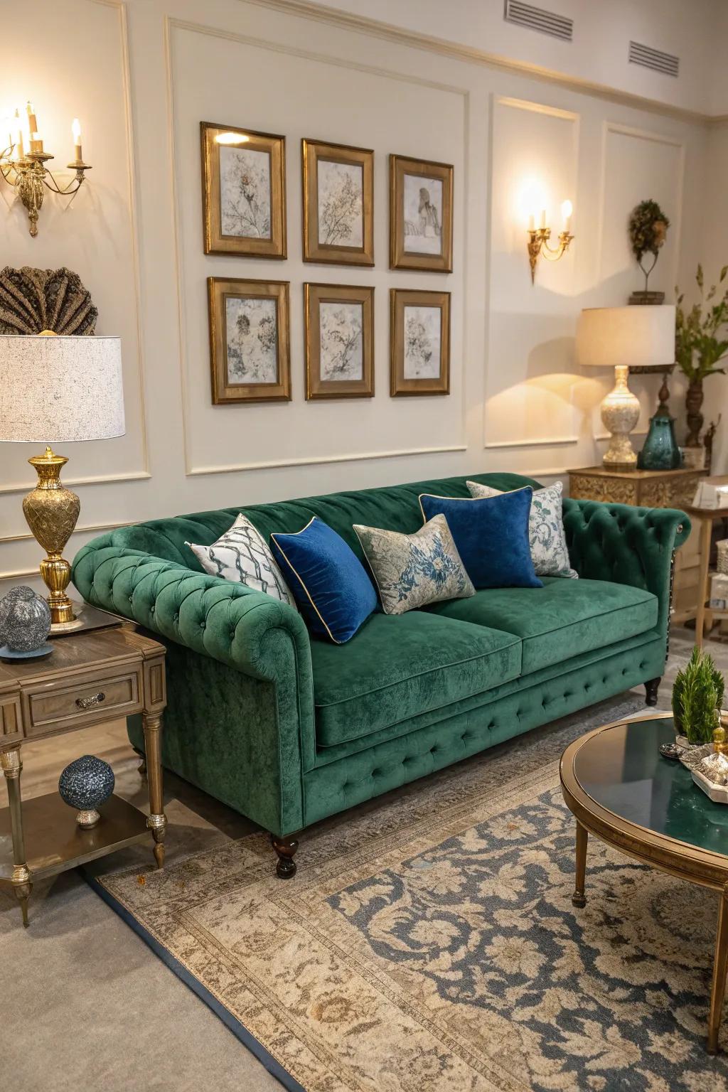 A green velvet sofa brings a sensation of opulence and ease.