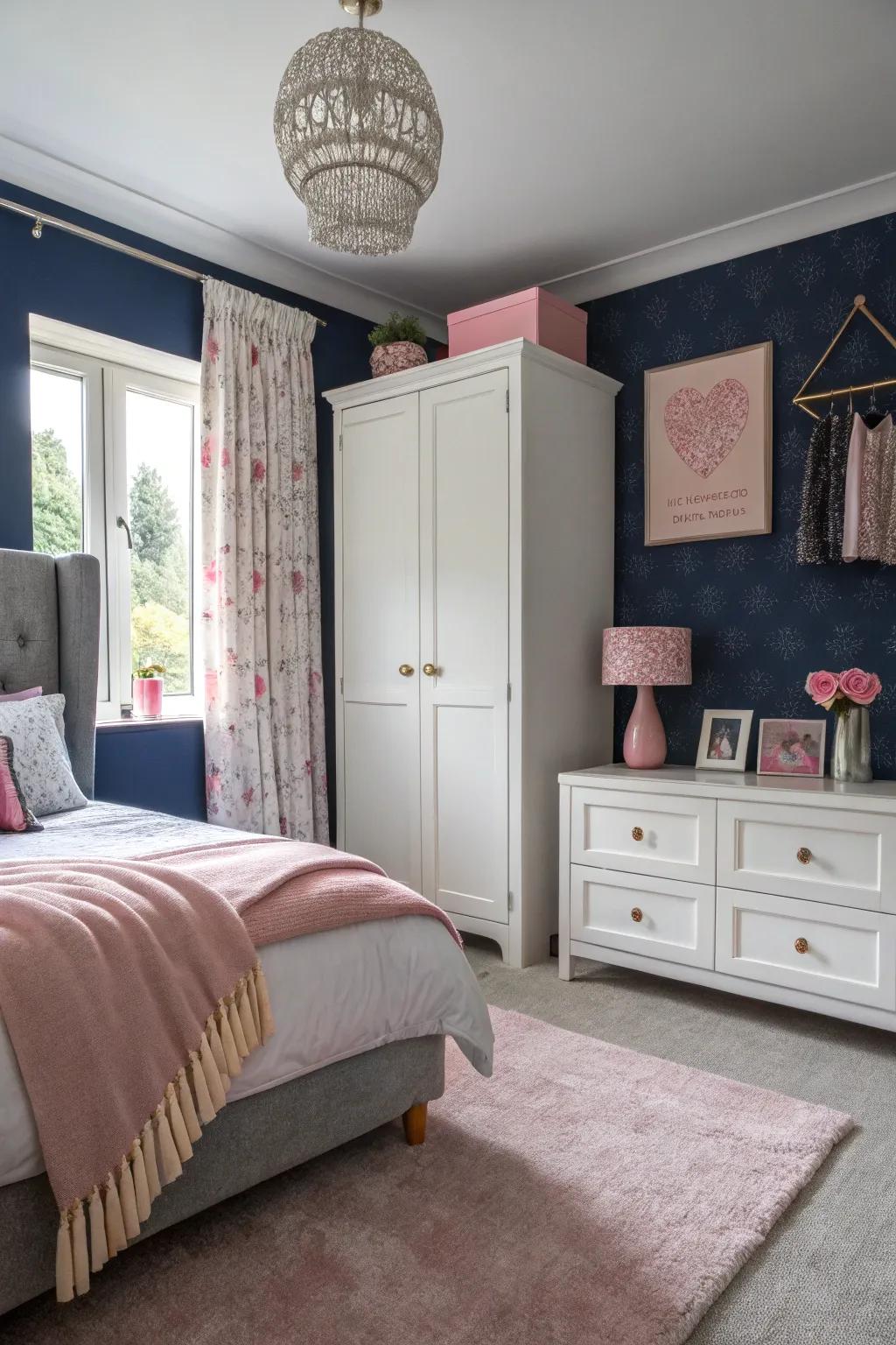 A dark blue accent wall adds richness, beautifully contrasted by delicate pink accents.