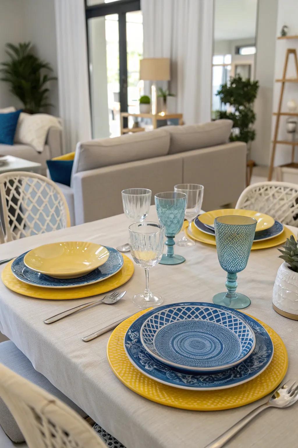 A dining table adorned with azure and gold dinnerware, creating an enchanting mealtime atmosphere.