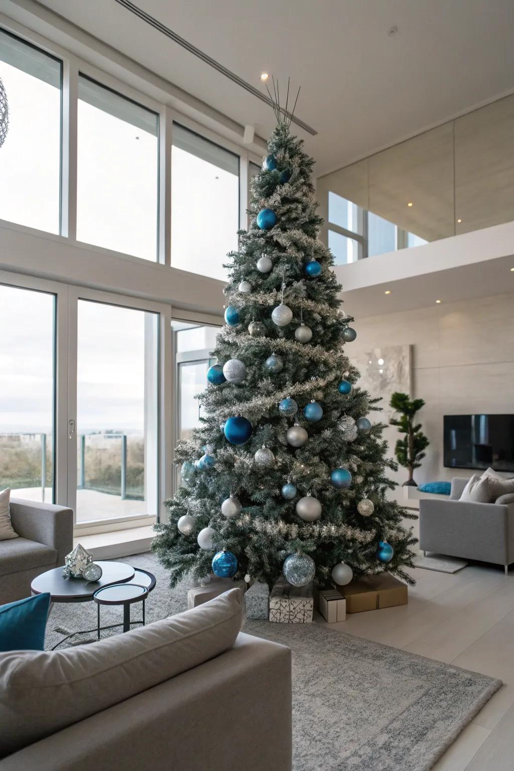 An enchanting combination of blue and silver creating a glamorous effect on a Christmas tree.