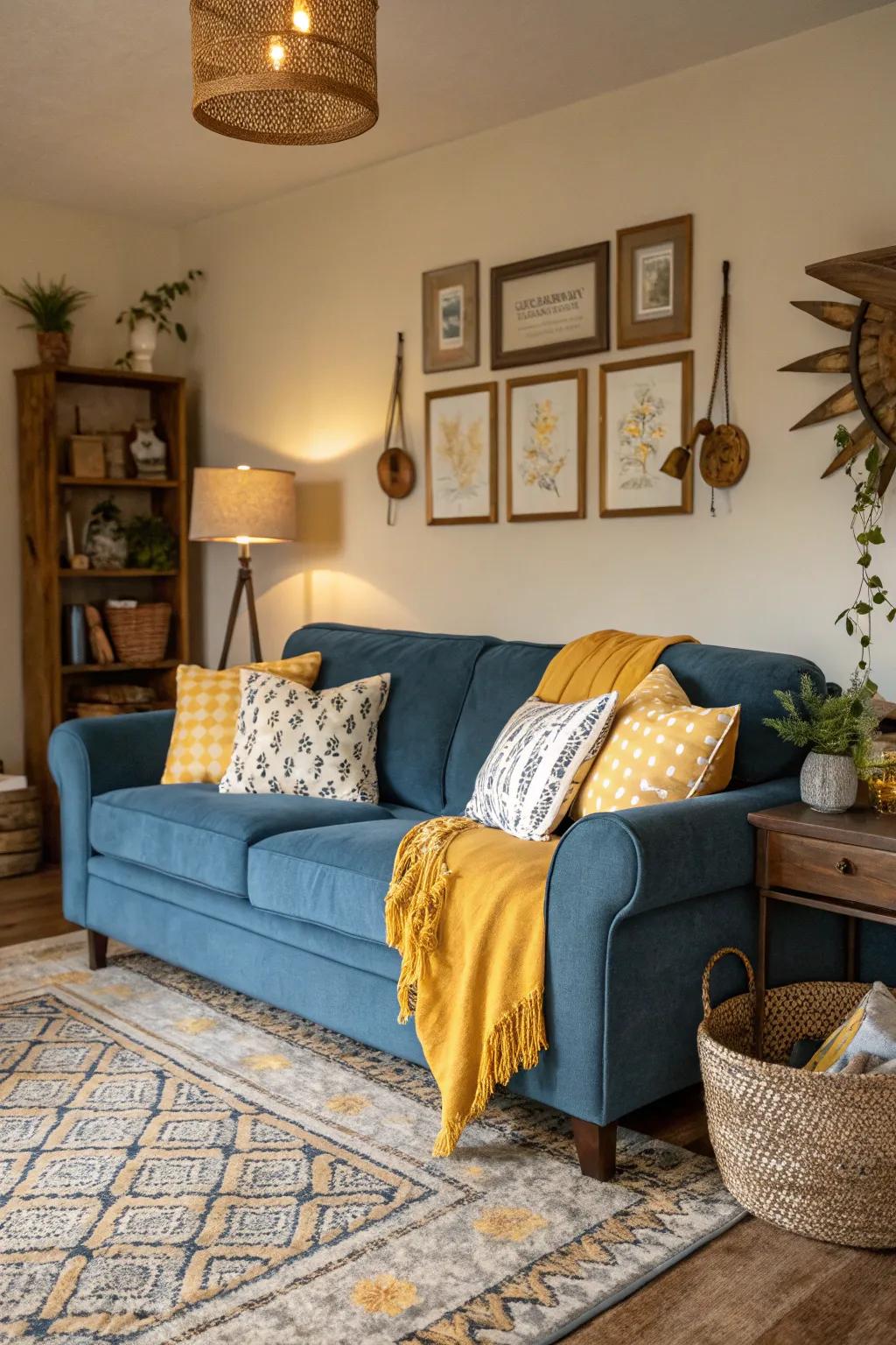 Golden touches amplify the allure of a cerulean sofa arrangement.