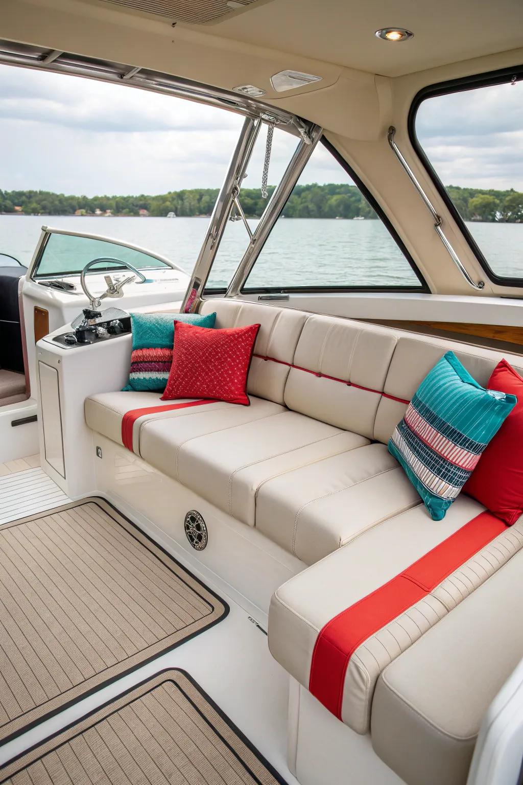 The ideal mix of gentle shades and bold highlights for a classic boat interior.