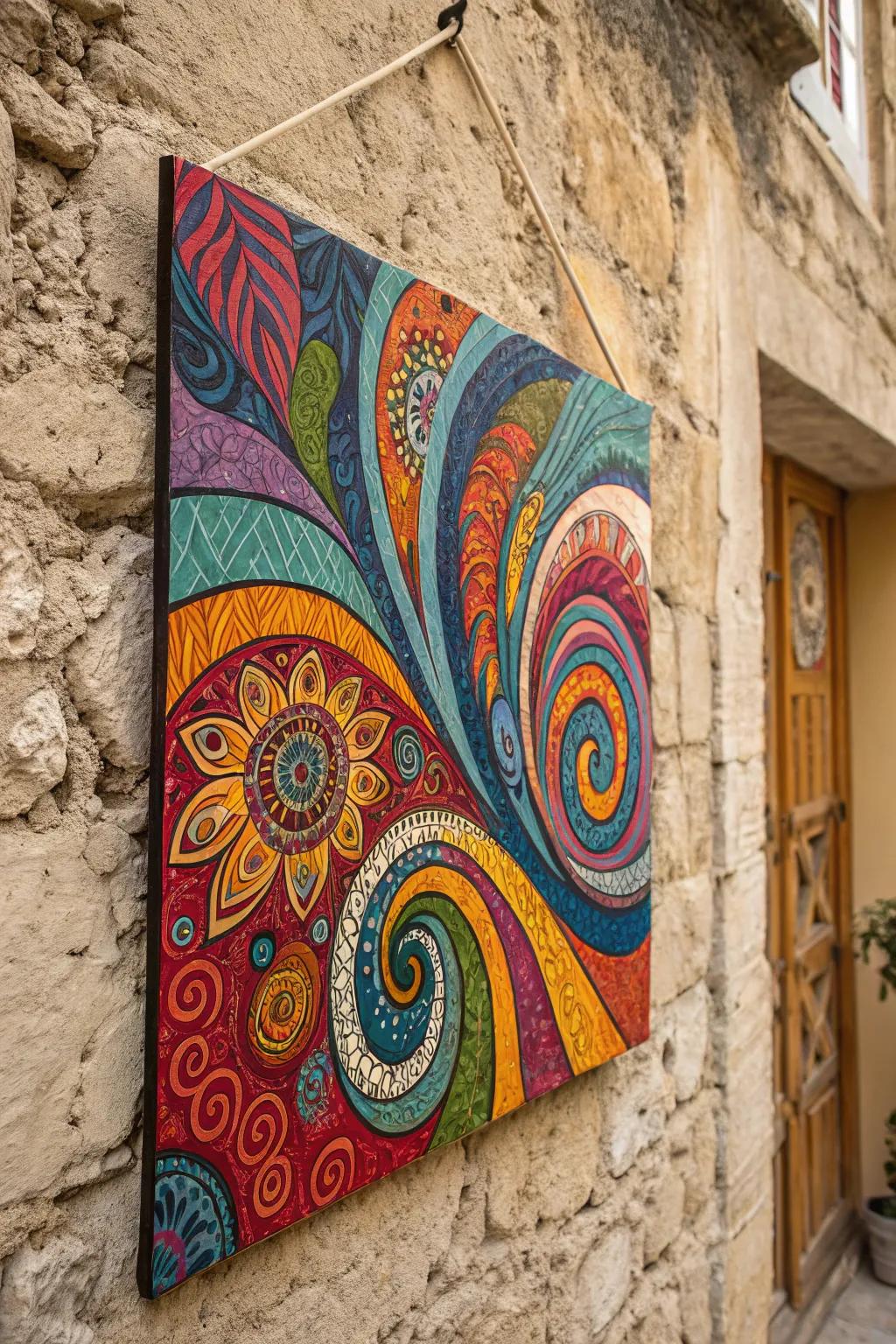 An abstract boho painting that encourages the viewer to discover a realm of imagination and color.