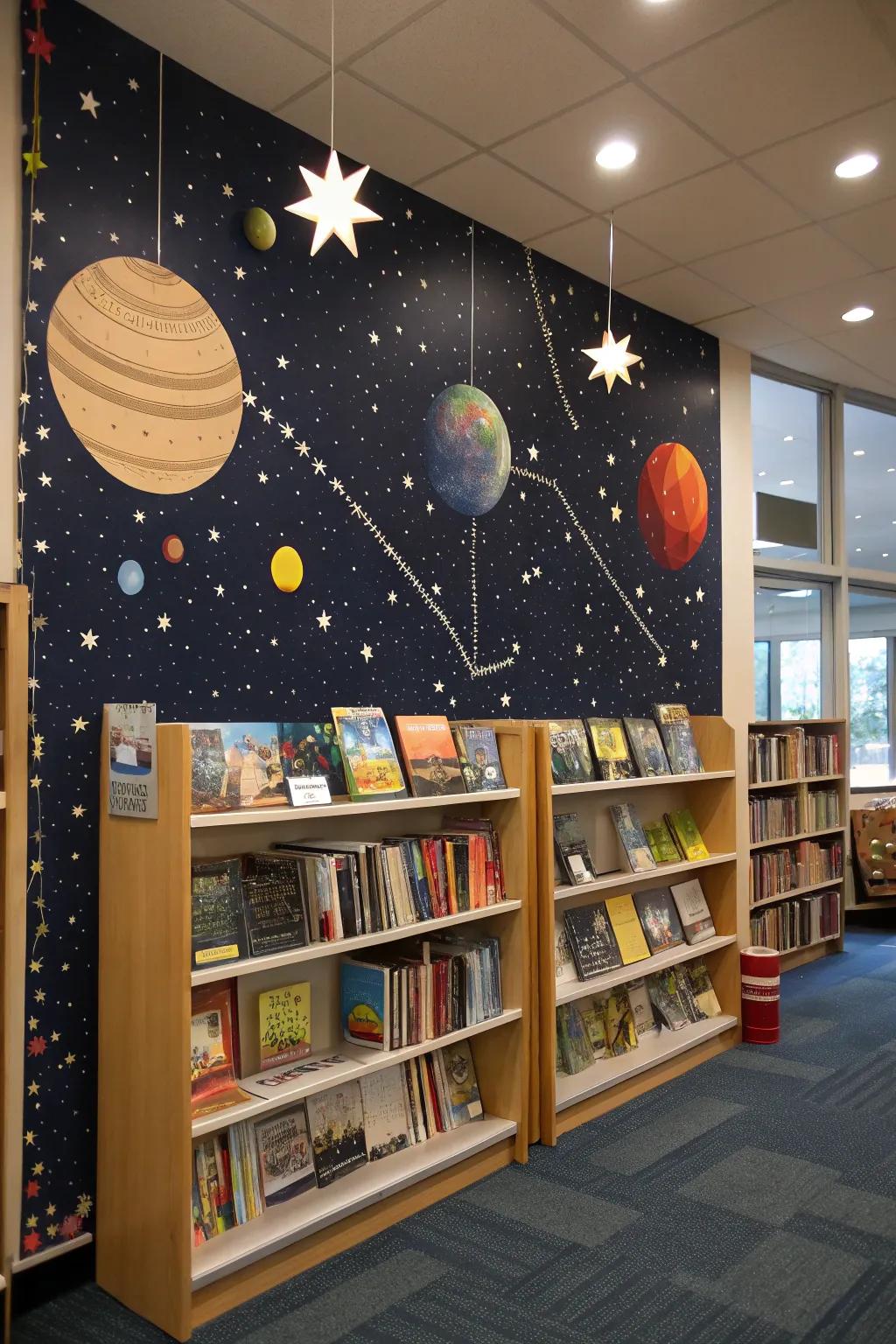 A corner display at the book fair themed around outer space.