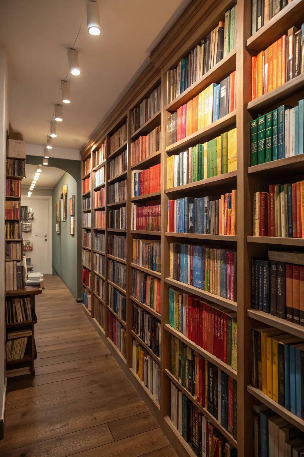 A captivating book display stretching from floor to ceiling, designed to draw the eye.