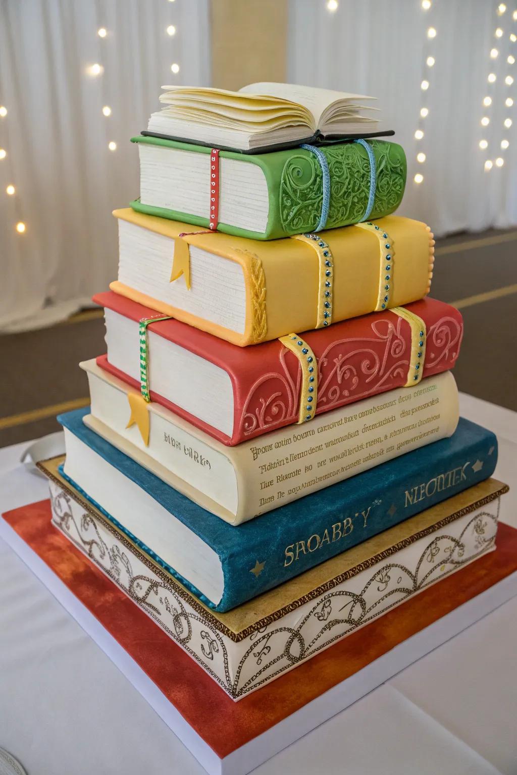 A cake designed to look like a pile of cherished books.