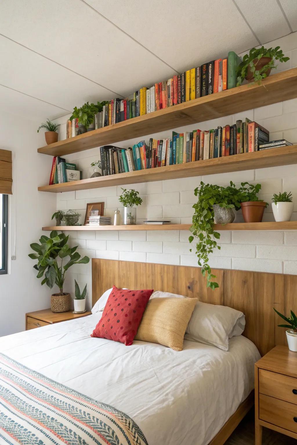Floating shelves introducing sophistication and purpose above the bed.