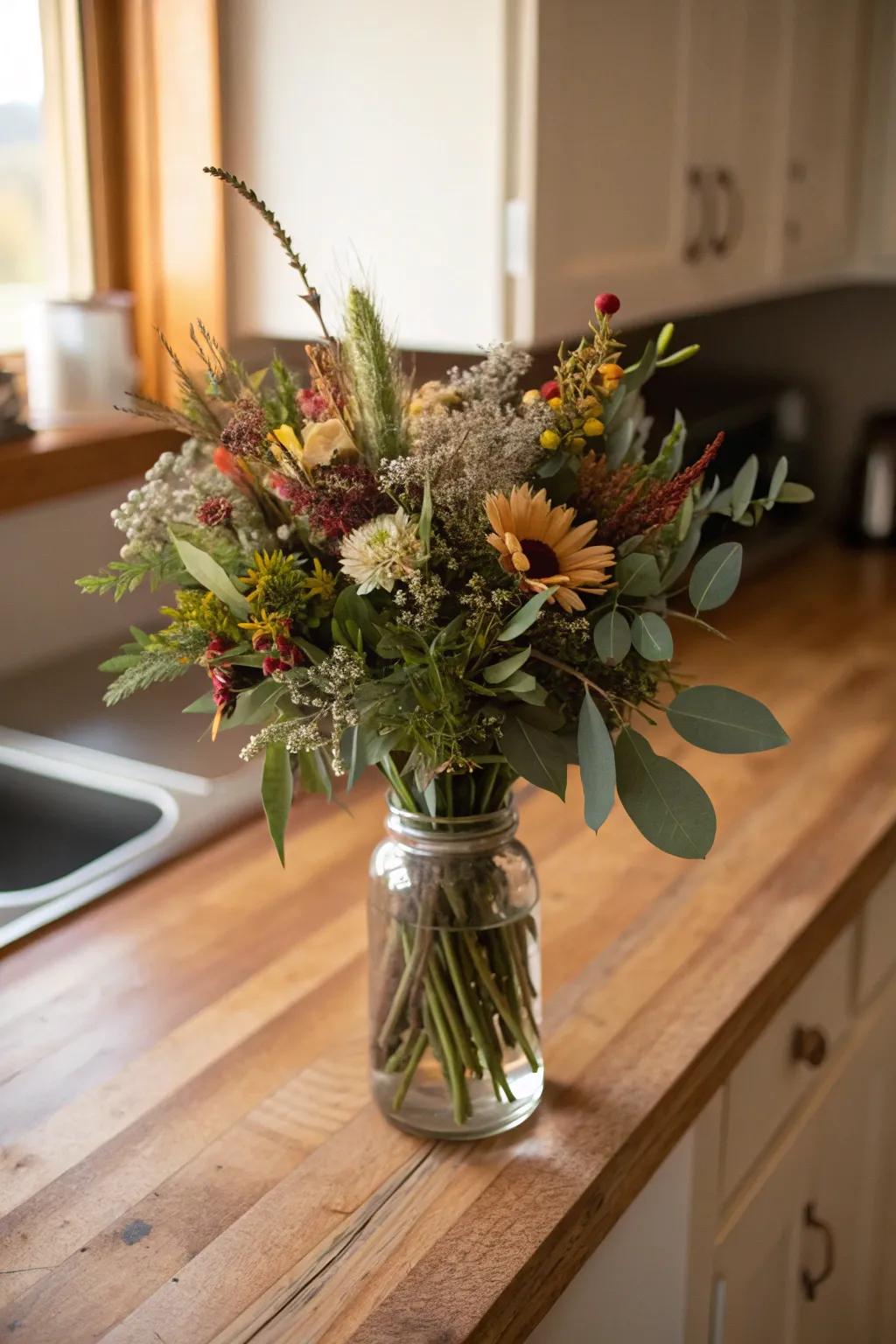 Earthy wildflower arrangement with natural charm.