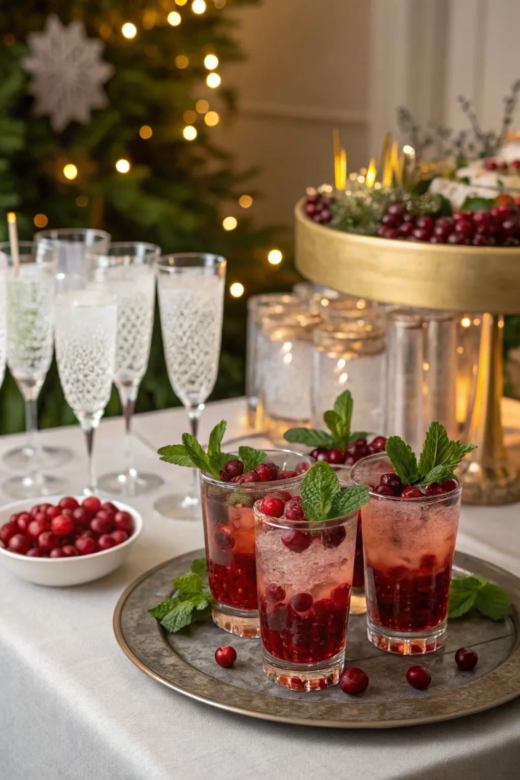 A sophisticated beverage station featuring festive cocktails and trimmings.