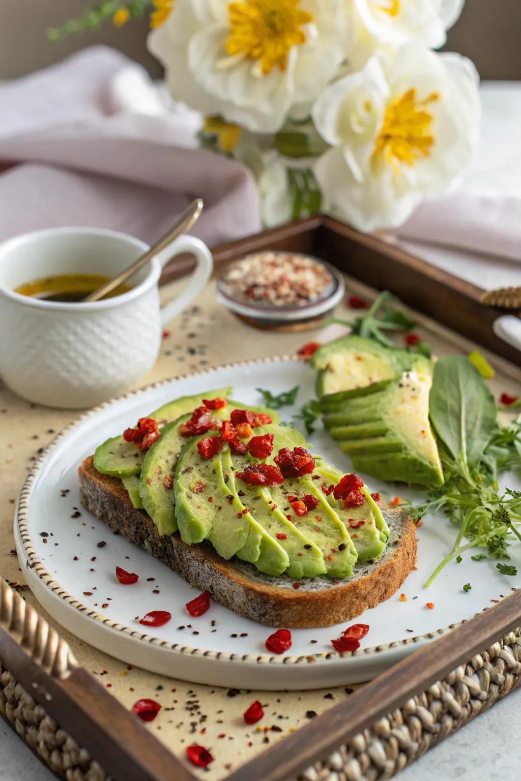 Smashed avocado on toast receives a flavorful rejuvenation with zesty and savory accents.