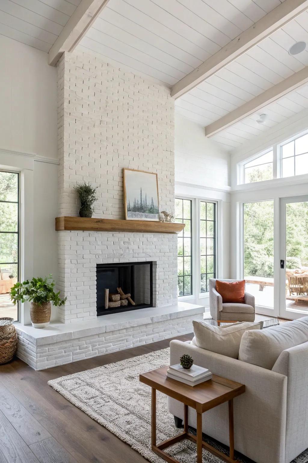A modern whitewashed brick hearth that brings a clean and airy feeling to the space.