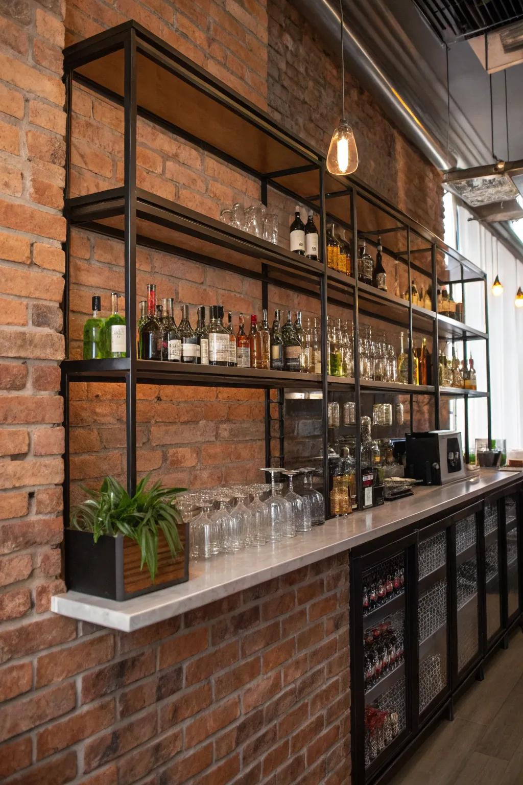 An industrial-style bar featuring metal shelving set against a stunning brick backdrop.