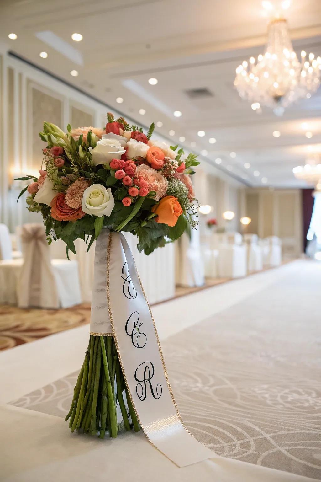 An inscribed band dressing contributes a distinctive element to any bridal bouquet.