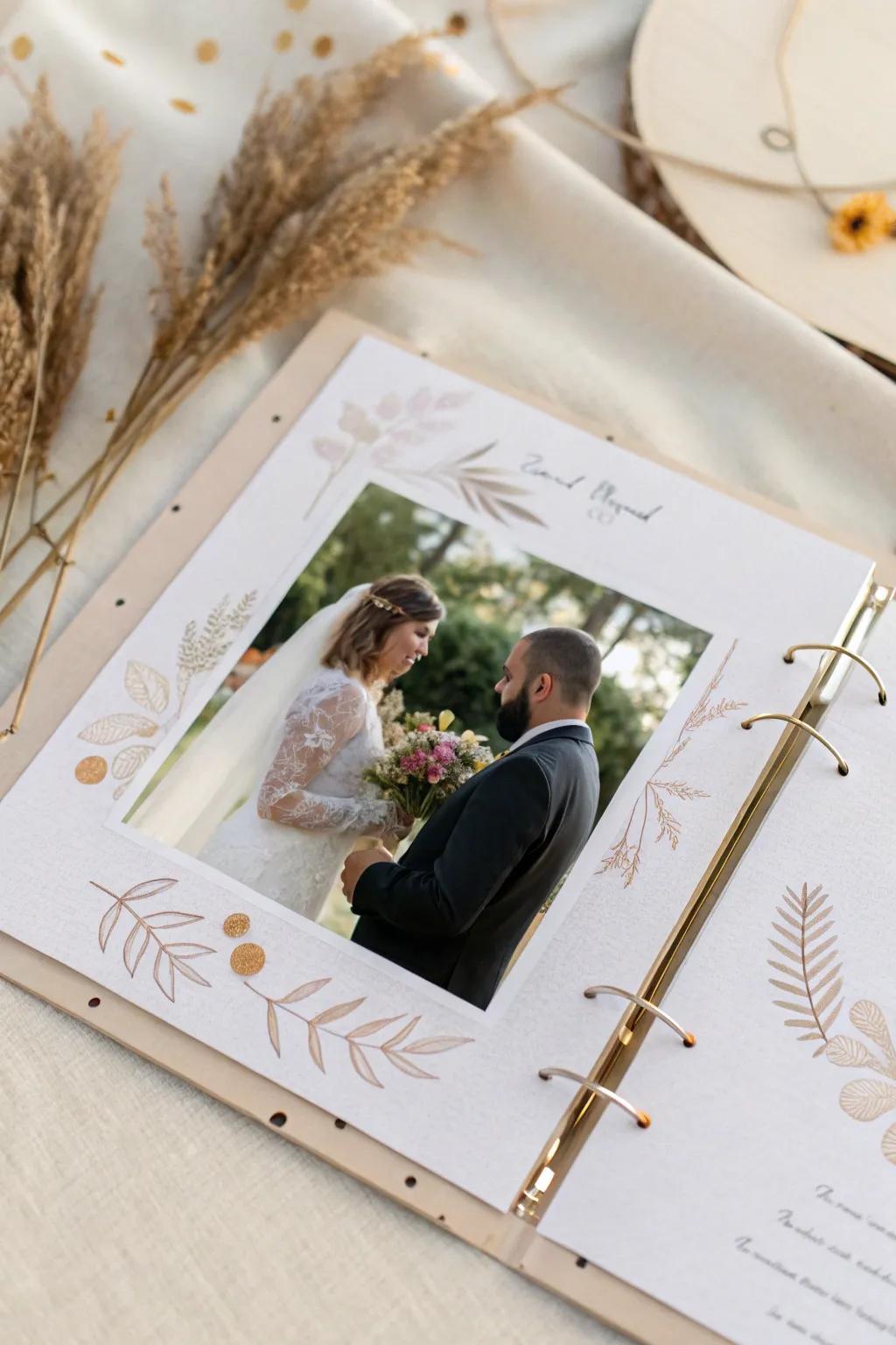Capture the enchantment of your wedding vows with a minimalist memory book that conveys your love story in every detail.