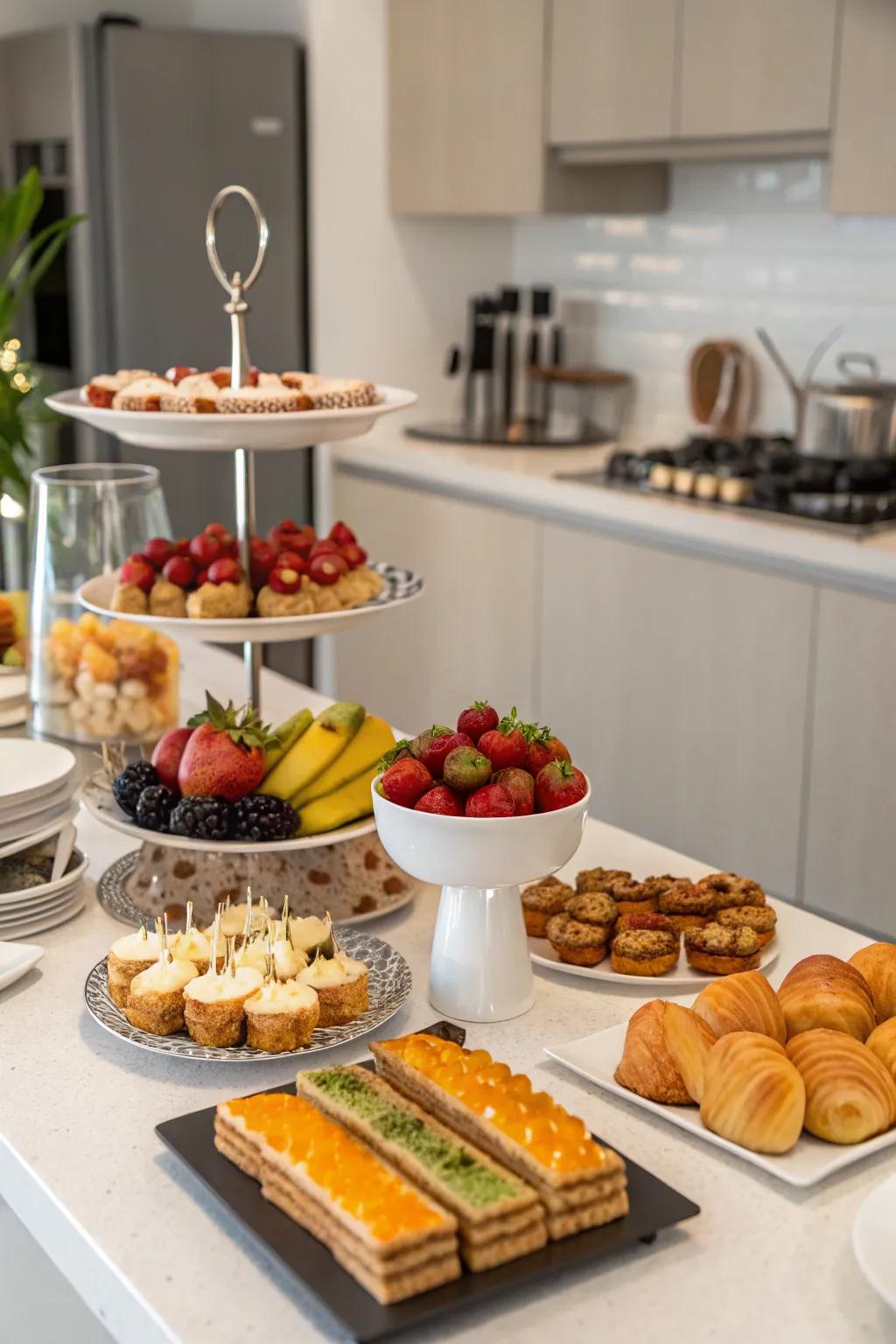 Incorporate visual dynamism with elevations and tiers on your buffet table.