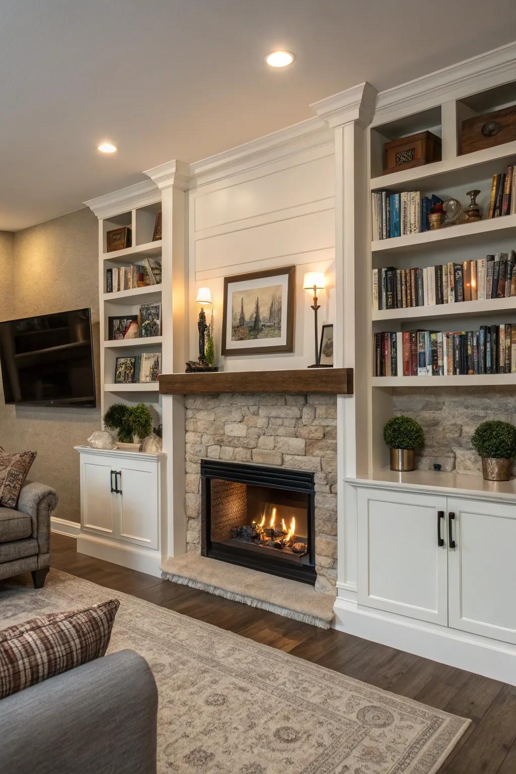 Built-in shelves surrounding the hearth foster a welcoming and comfortable setting.