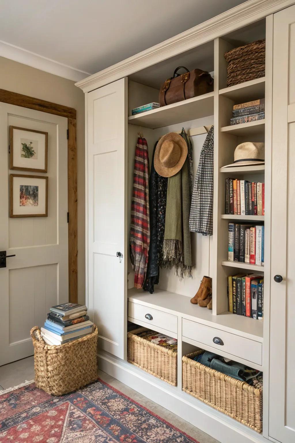 Display shelves in a closet bring a personalized touch.