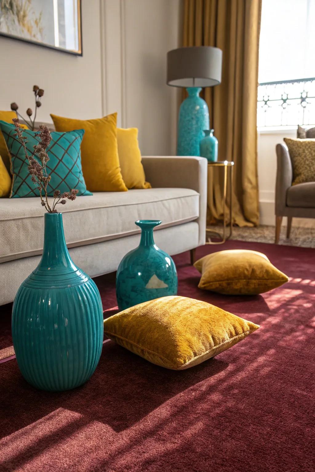 Intense accent hues such as cerulean and saffron forge a lively contrast against the scarlet floor covering.