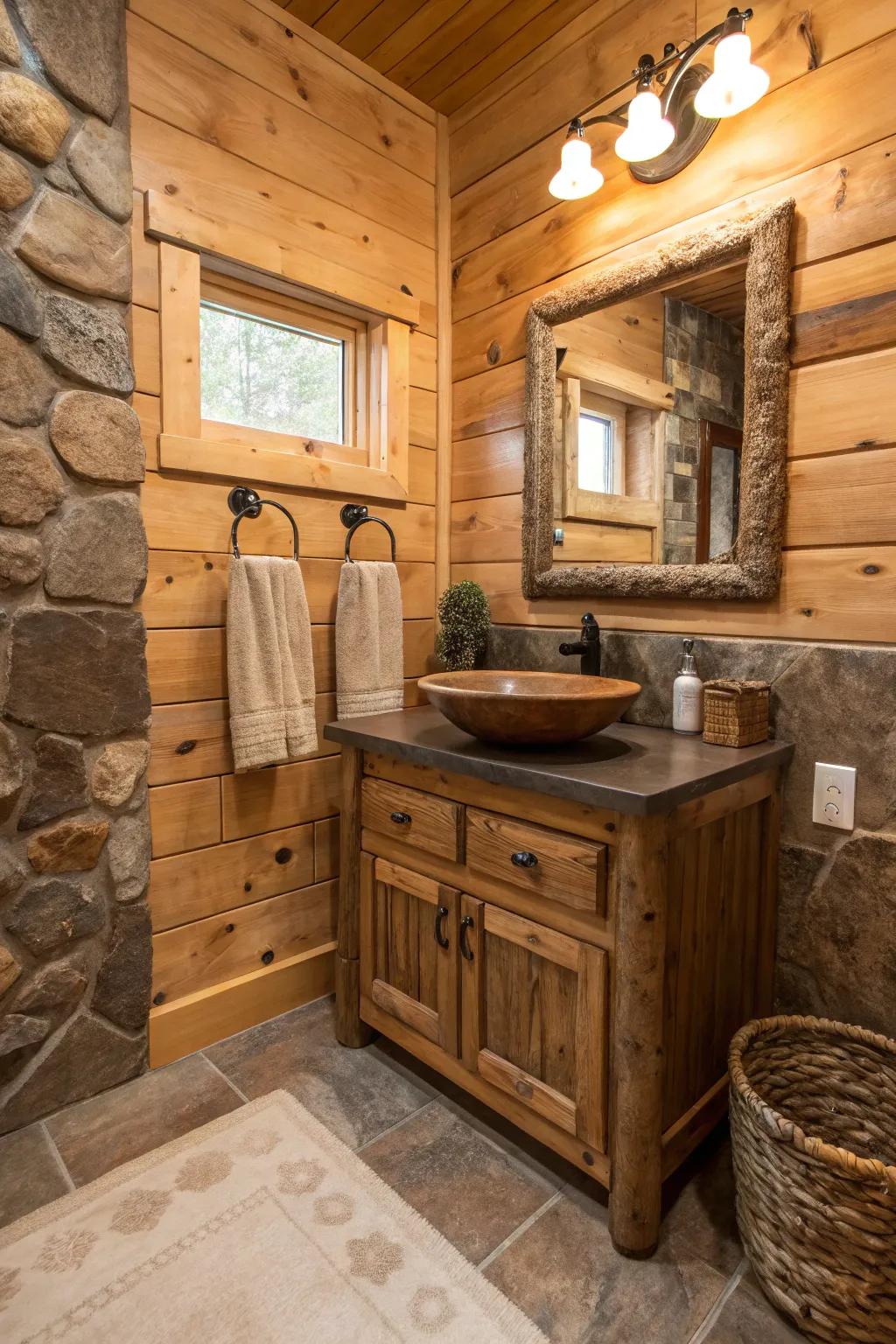 A log cabin washroom displaying soil-inspired shades that match the timber features.