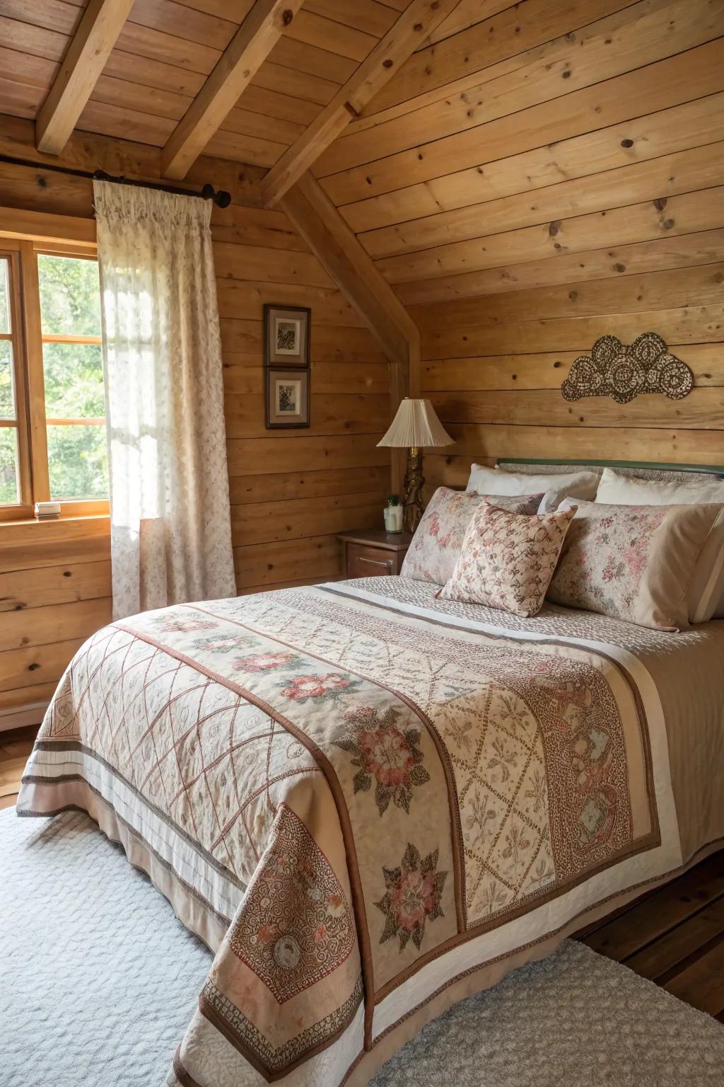 A bed featuring layered stitched coverings and velvet cushions inside a cabin backdrop.