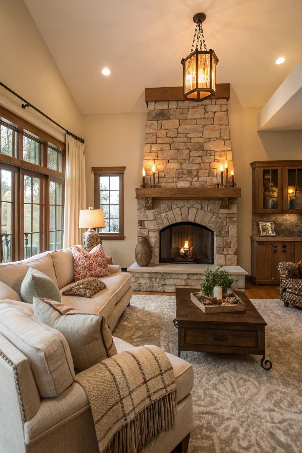 A family room focused on a slate hearth, radiating comfort and heat.