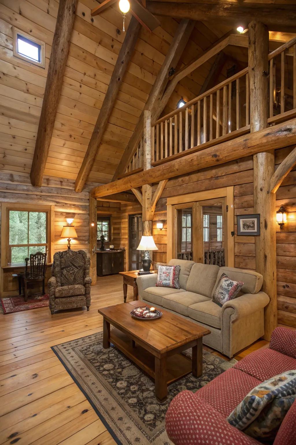 Elements crafted from natural wood offer a welcoming, rustic sensation to this cabin.