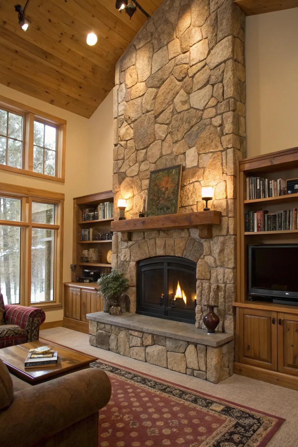 A cozy hearth with a breathtaking stone accent wall.