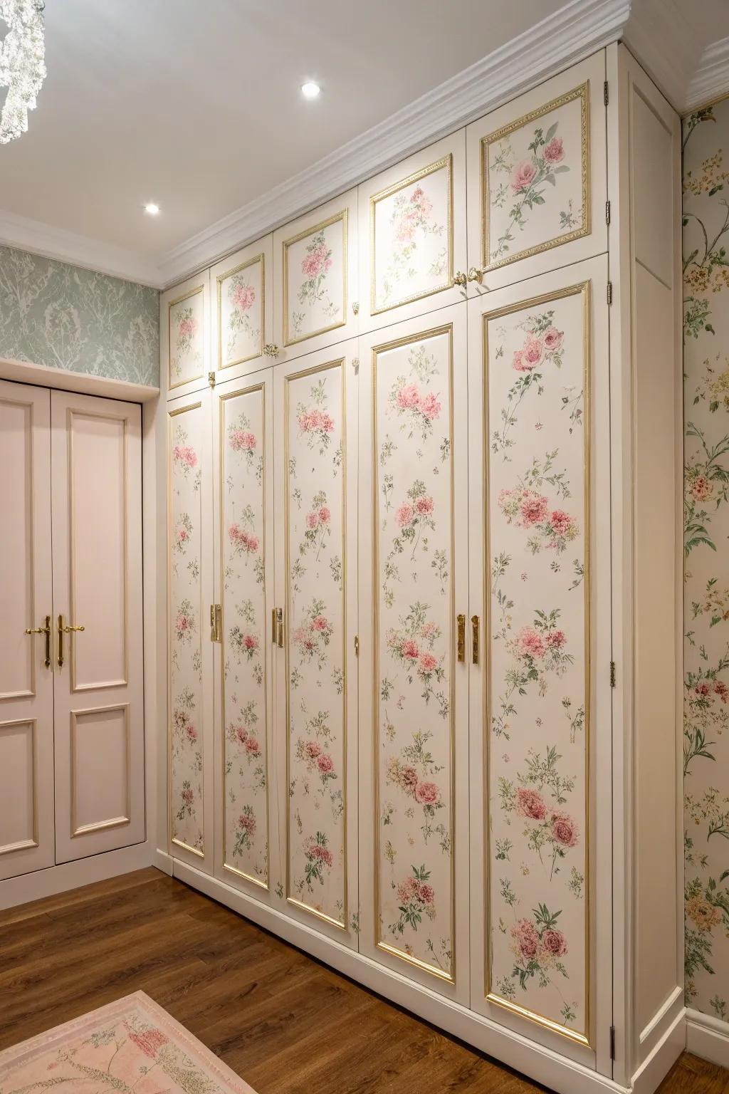 A vibrant floral covering infuses charm into these cabinet doors.