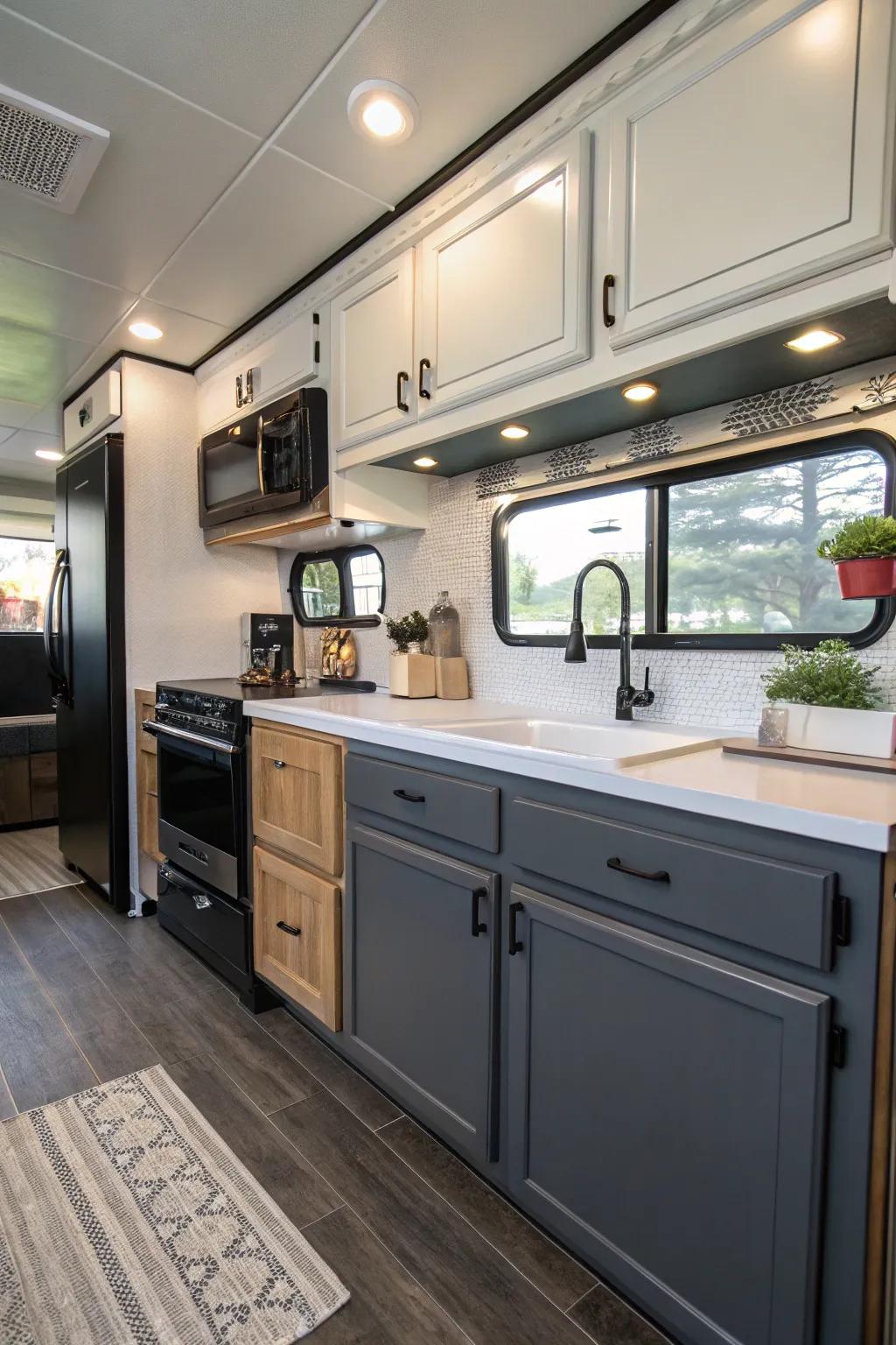 Using two-tone cabinets adds a modern, designer touch to your RV.