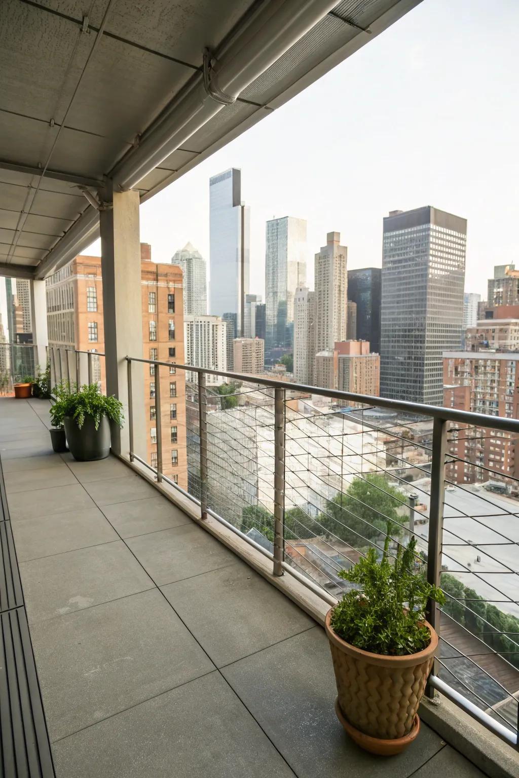 Stylish urban balcony with cable railing