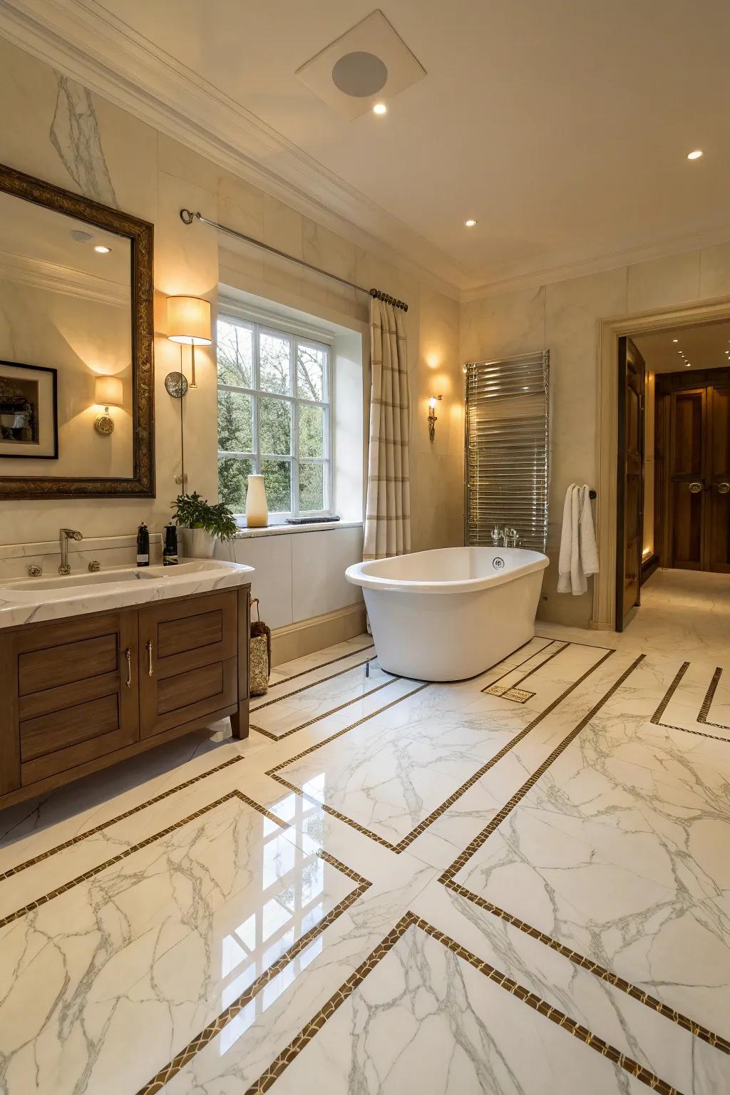 A welcoming and cozy bathroom featuring refined Luminous Argento marble flooring.