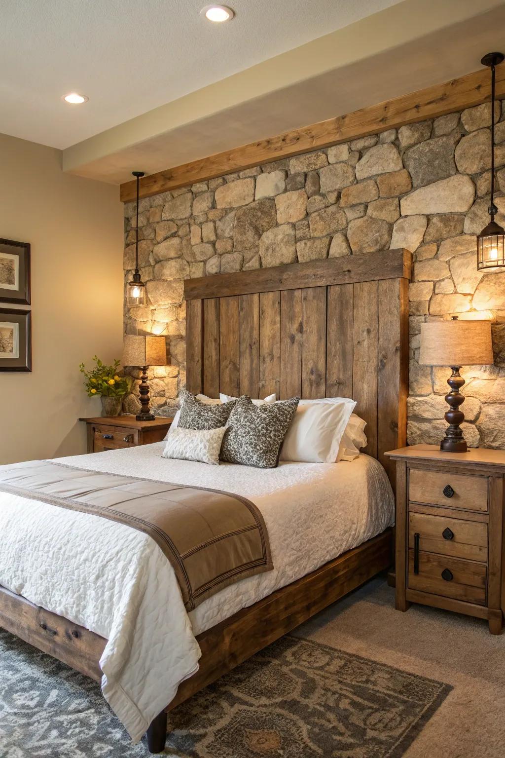 A bedroom design that showcases a repurposed wood headboard and natural stone accents, enhanced with warmth and texture.
