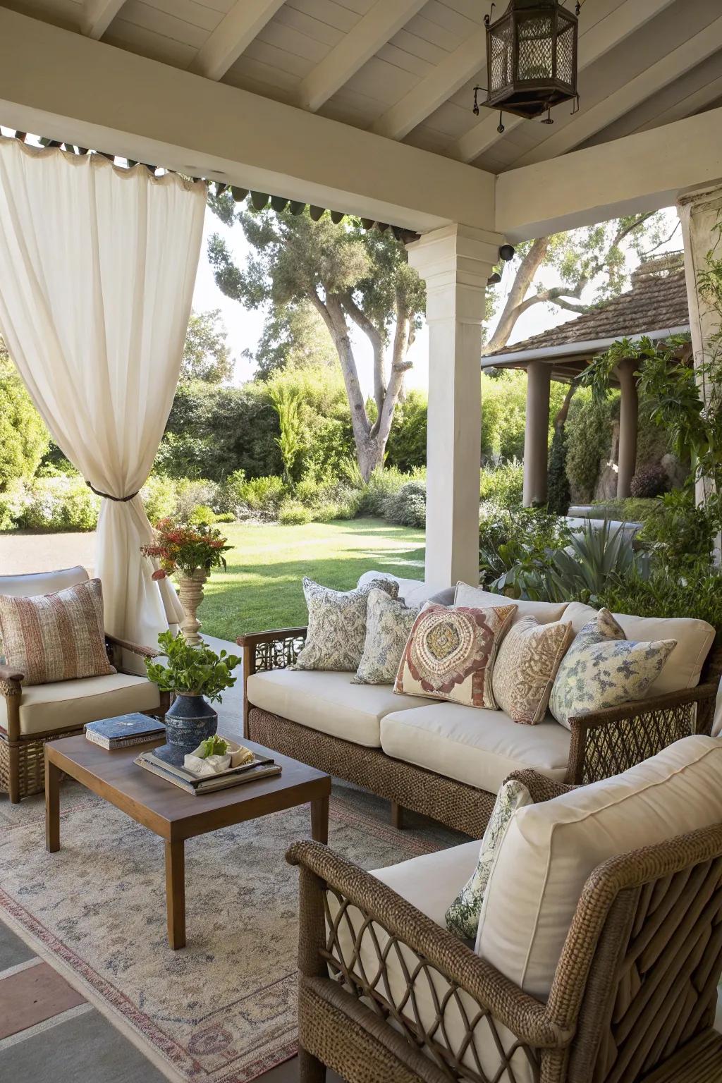 Welcoming seating in a California room complemented by ornamental cushions.