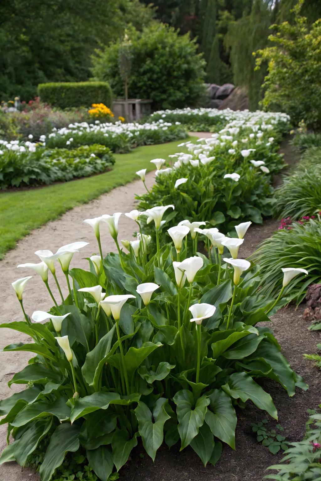 Calla lilies artistically arranged in odd-numbered groups, creating a stunning garden spectacle.