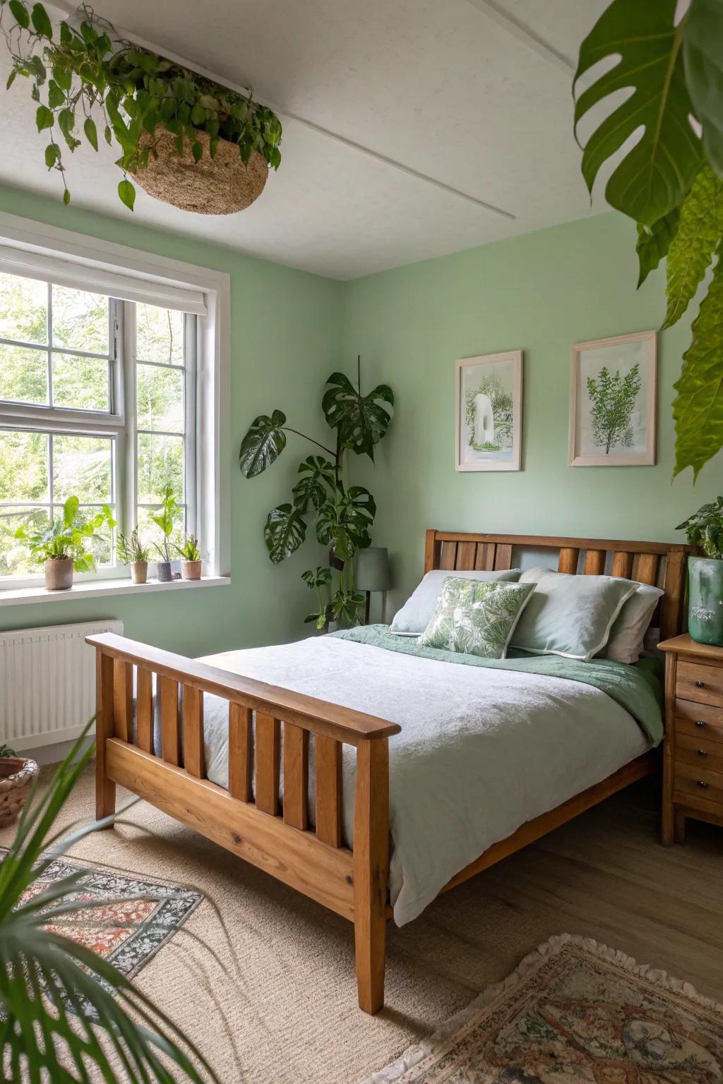 Light green walls introduce a refreshing touch to the bedroom.