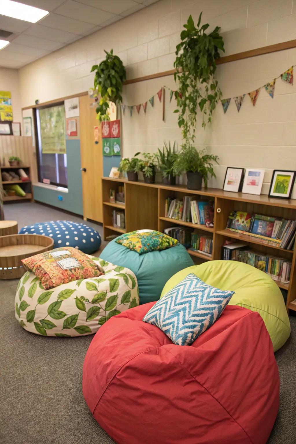 Comfortable seating arrangements in the classroom encourage a relaxed learning atmosphere.