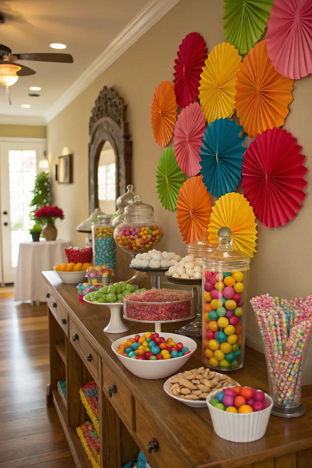 A vibrant do-it-yourself backdrop can greatly enhance your candy buffet's charm.