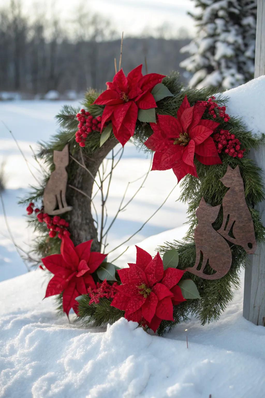 A cheerful Yuletide bloom wreath accentuated with charming feline details.