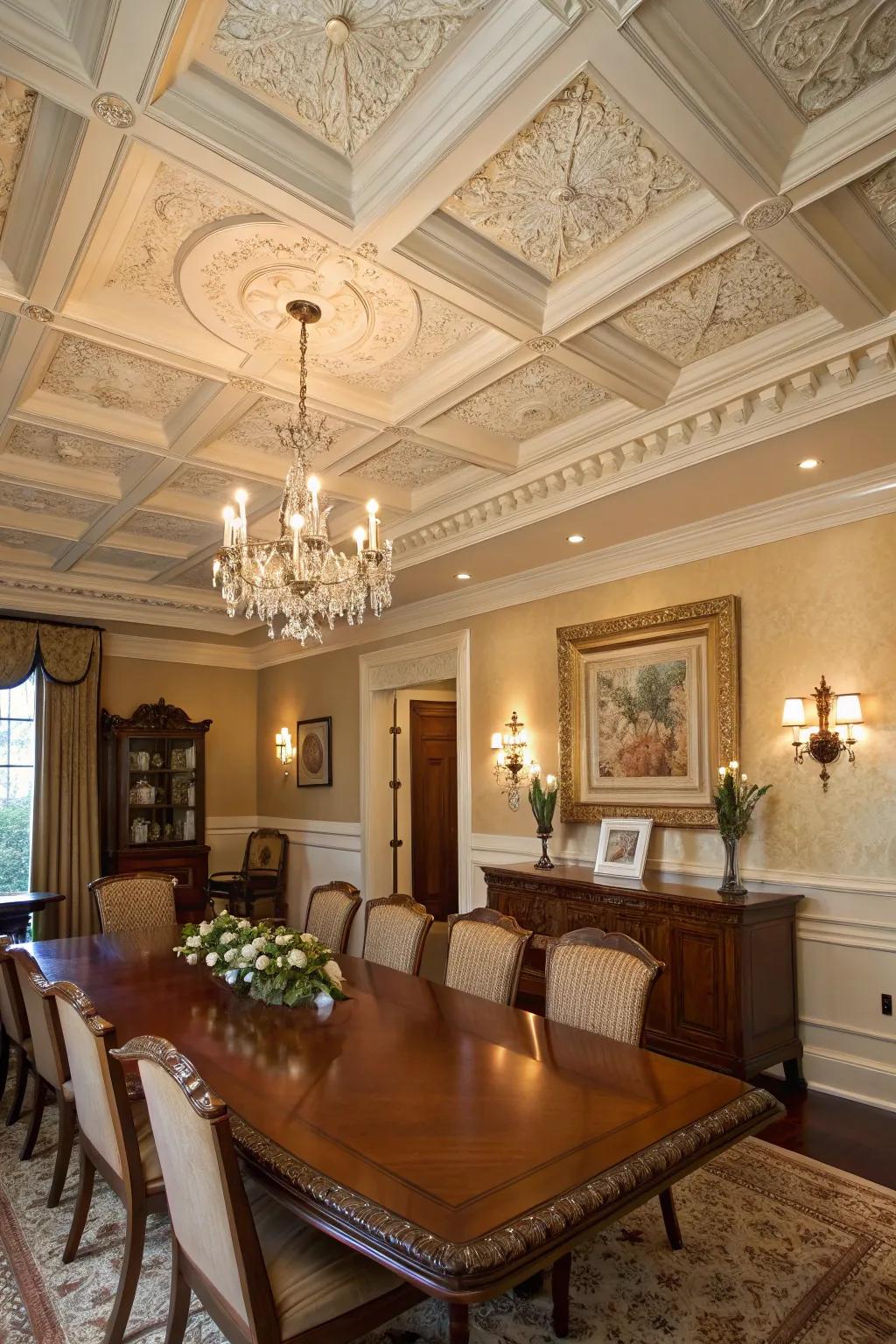 Coffered ceilings introduce an element of sophisticated refinement to any dining environment.