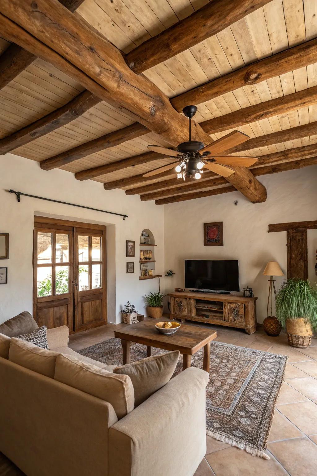 Rustic allure blends with functionality via a timber-wing air mover.