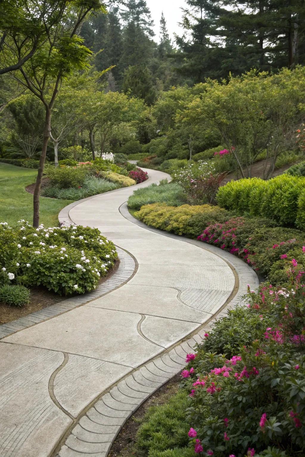 A winding concrete walkway introduces a spirited element to garden paths.
